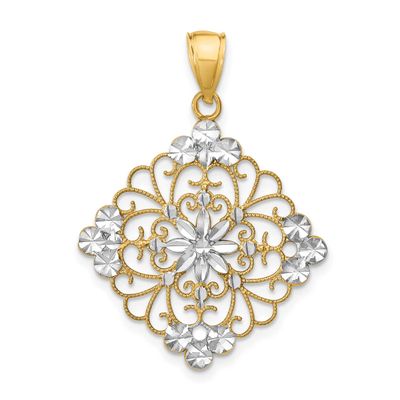 Diamond-cut Filigree Medallion Charm 14k Gold with Rhodium, MPN: K9338, UPC: 637218110353