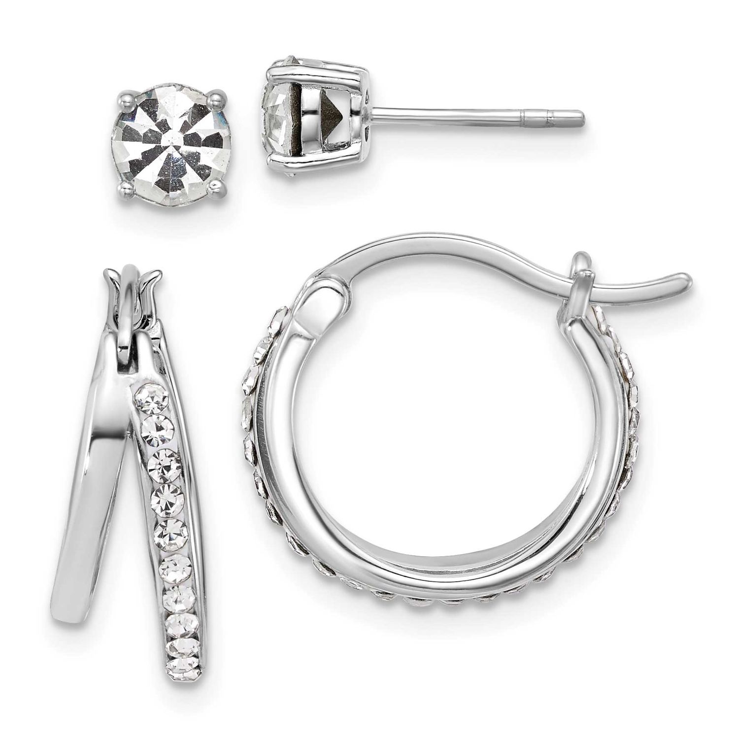 Platinum Flash-Plated White Crystal Post/Hoop Earring Set Sterling Silver, MPN: QE17817SET, UPC: