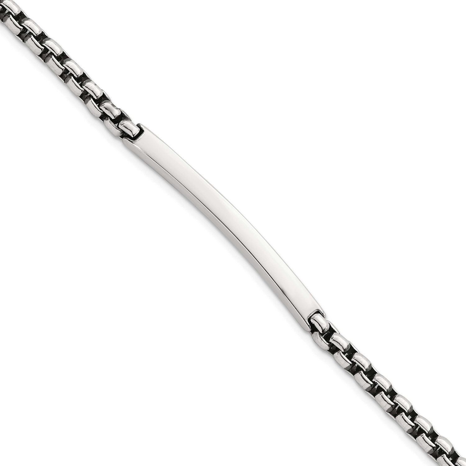 Round Box Chain 8 Inch ID Bar Mens Bracelet 8 Inch Sterling Silver Antiqued, MPN: QID257-8, UPC: