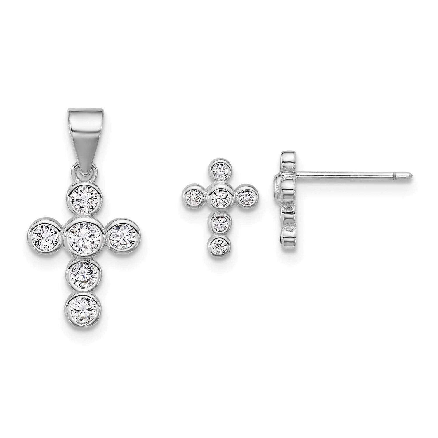 Bezel CZ Cross Post Earrings and Pendant Set Sterling Silver Rhodium-Plated Polished, MPN: QST282, …