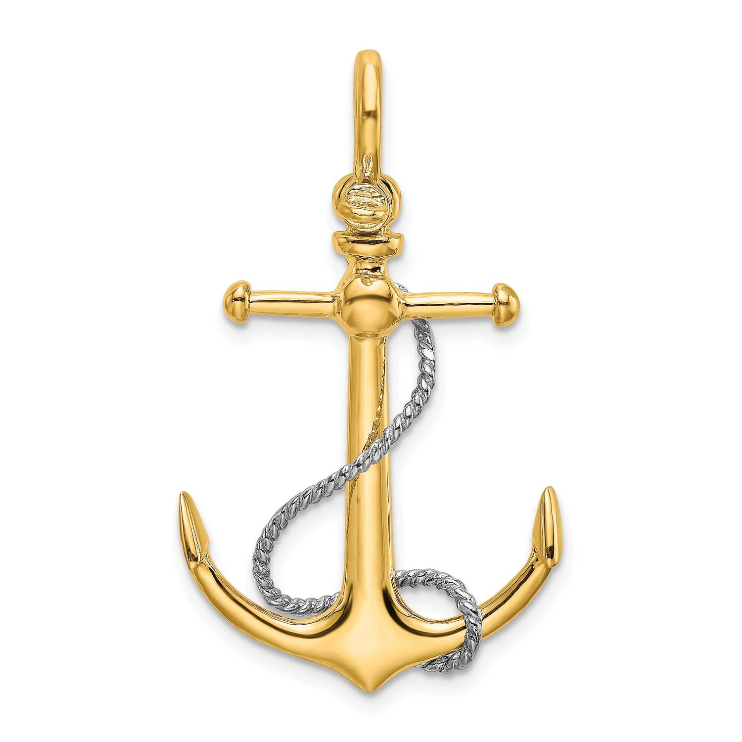 Two-Tone 3-D Anchor with T Bar and Rope with Shackle Bail Charm 10k Gold, MPN: 10K9025, UPC: