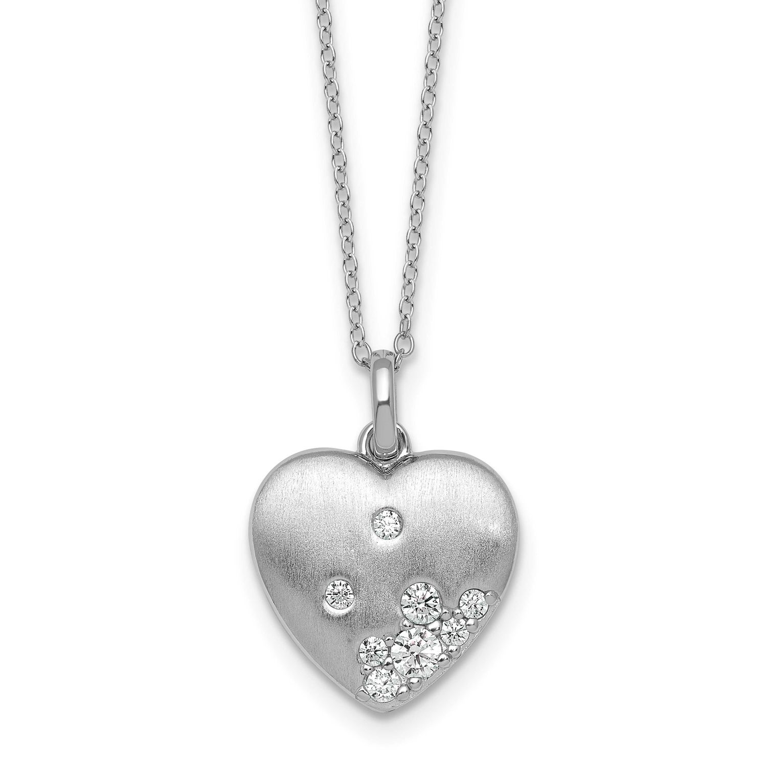 Brushed CZ Heart 17.5 Inch Necklace Sterling Silver Rhodium-Plated, MPN: QG7109-17.5, UPC: