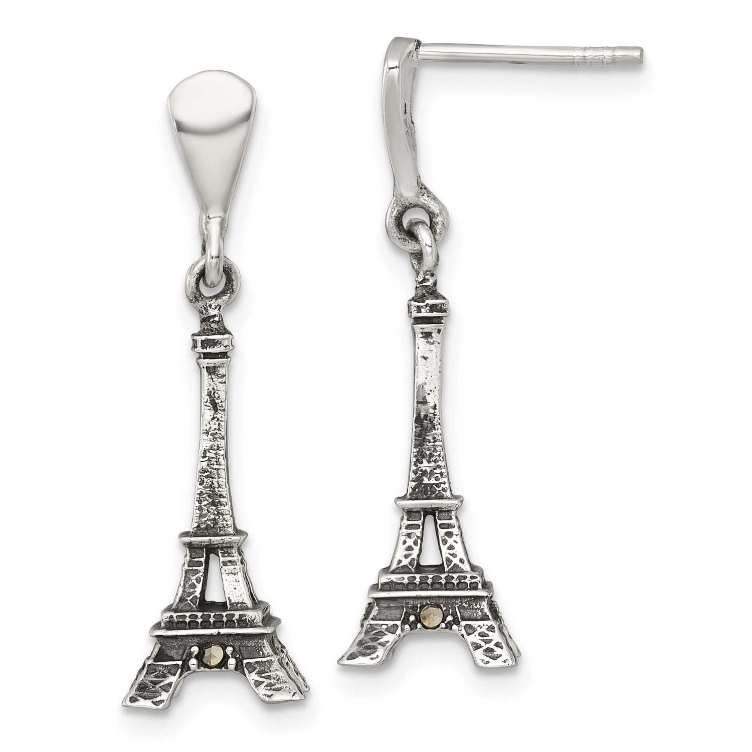 Marcasite 3-D Eiffel Tower Dangle Post Earrings Sterling Silver Antiqued, MPN: QG7195E, UPC: