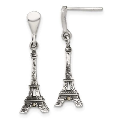 Marcasite 3-D Eiffel Tower Dangle Post Earrings Sterling Silver Antiqued, MPN: QG7195E, UPC: