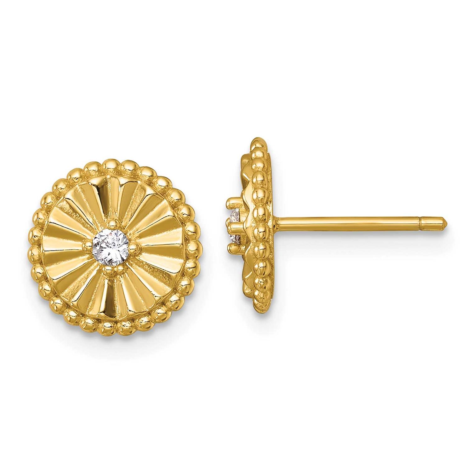 Textured CZ Circle Post Earrings Sterling Silver Gold-Tone Polished, MPN: QG6980EGP, UPC: