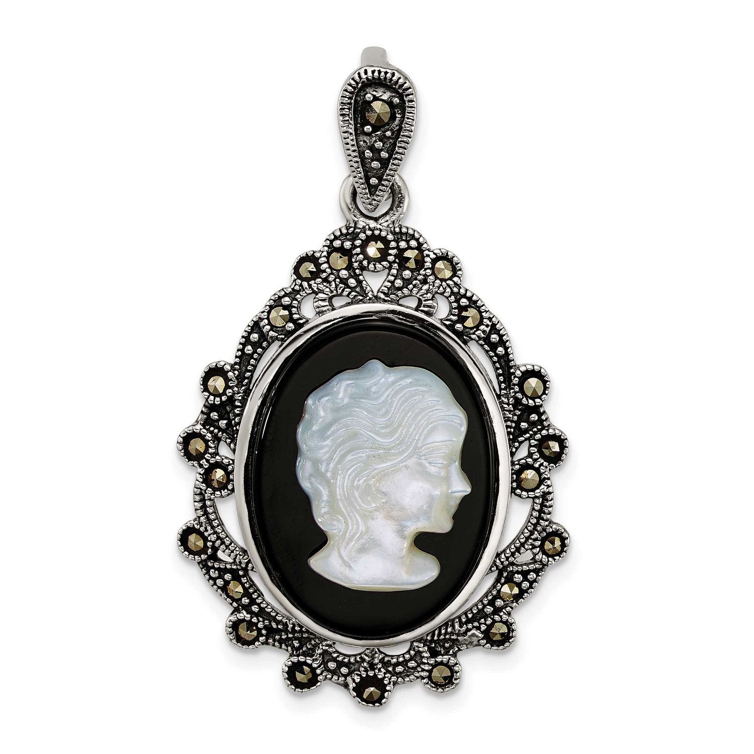 Marcasite Blk Agate and Mop Cameo Pendant Sterling Silver Antiqued, MPN: QG7182P, UPC: