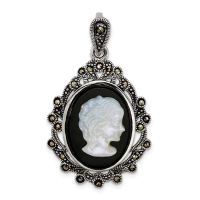 Marcasite Blk Agate and Mop Cameo Pendant Sterling Silver Antiqued, MPN: QG7182P, UPC: