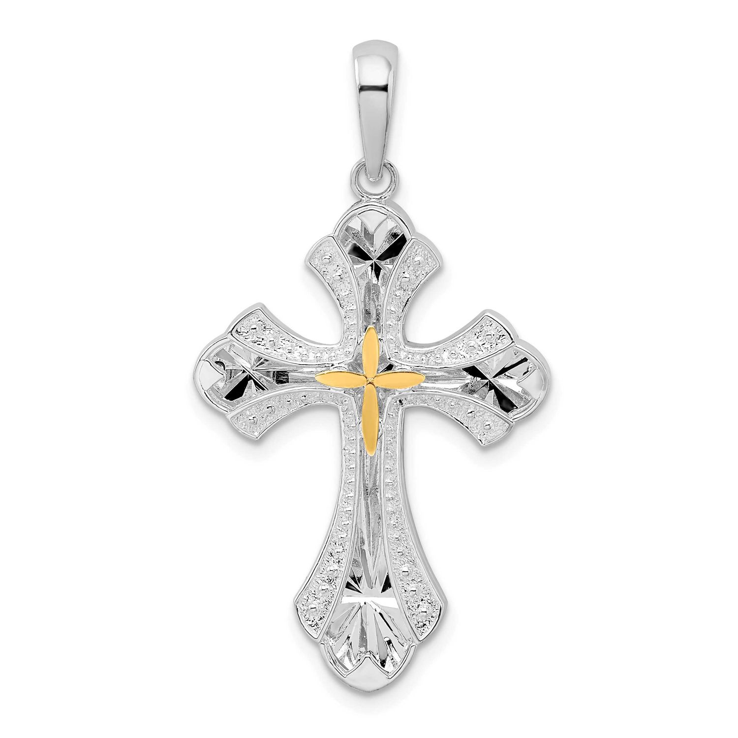 De-Ani Diamond-Cut Budded Cross with 14k Accent Pendant Sterling Silver Rhodium-Plated, MPN: QC1091…
