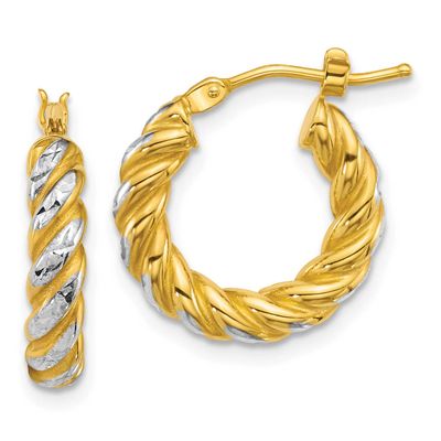 Diamond-cut Twisted 3.75mm Hoop Earrings 14k Gold with Rhodium Polished, MPN: TF2438, UPC: