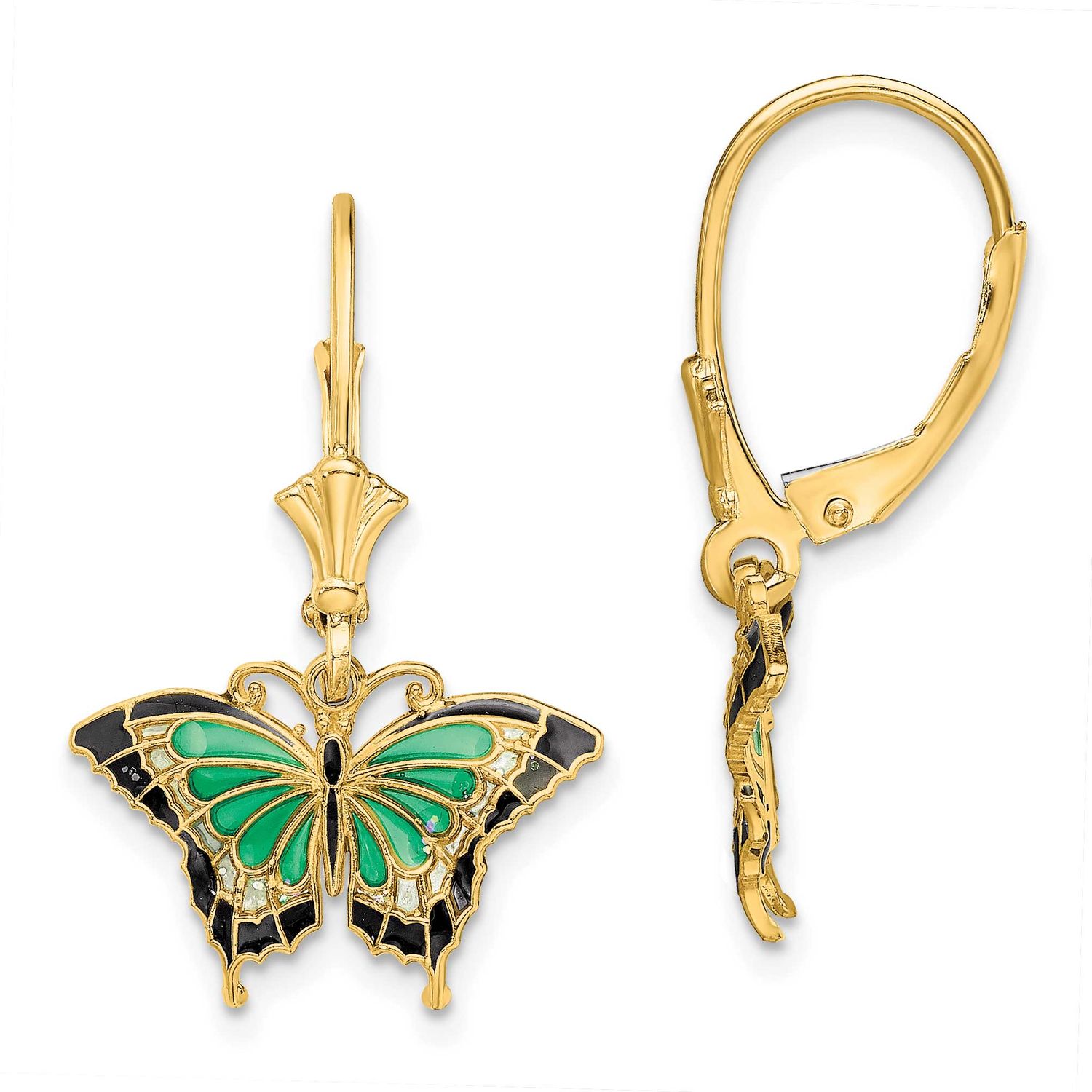 Butterfly with Green Enameled Wings Leverback Earrings 14k Gold, MPN: TF1918, UPC: 637218157808