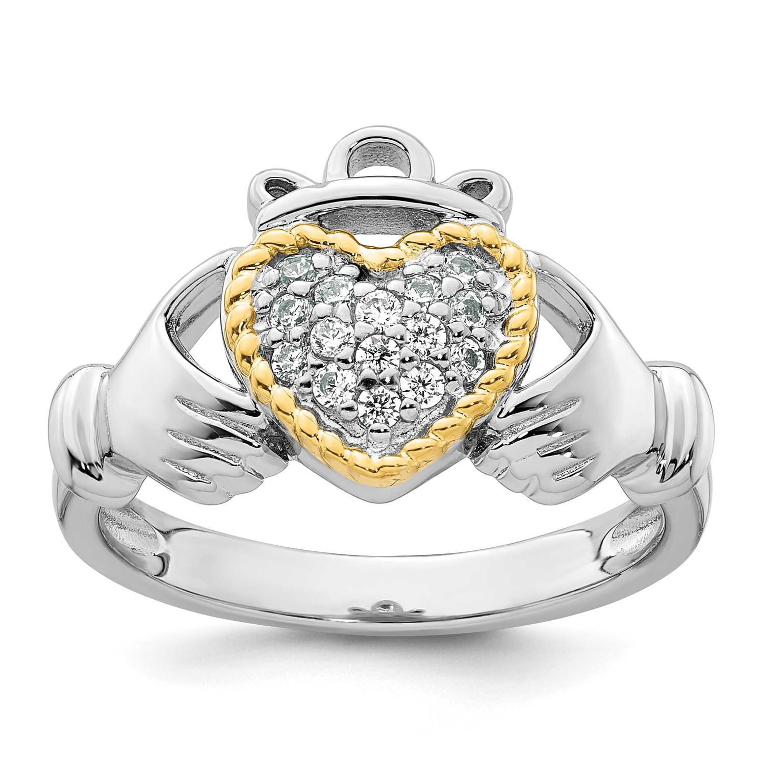 14k Accent Polished CZ Size 7 Claddagh Ring Sterling Silver Rhodium-Plated, MPN: QR7705, UPC: