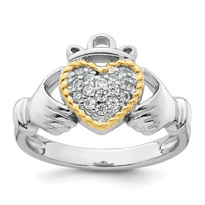 14k Accent Polished CZ Size 7 Claddagh Ring Sterling Silver Rhodium-Plated, MPN: QR7705, UPC: