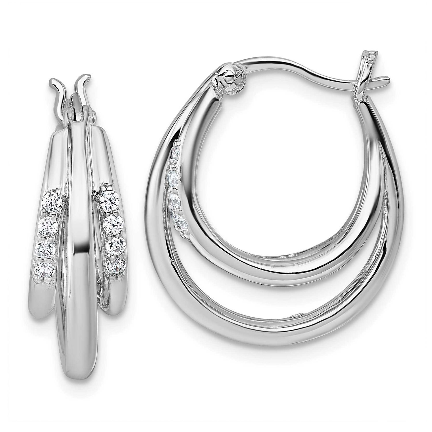 Polished CZ Hoop Earrings Sterling Silver Rhodium-Plated, MPN: QE18107, UPC: