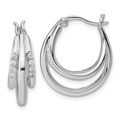 Polished CZ Hoop Earrings Sterling Silver Rhodium-Plated, MPN: QE18107, UPC: