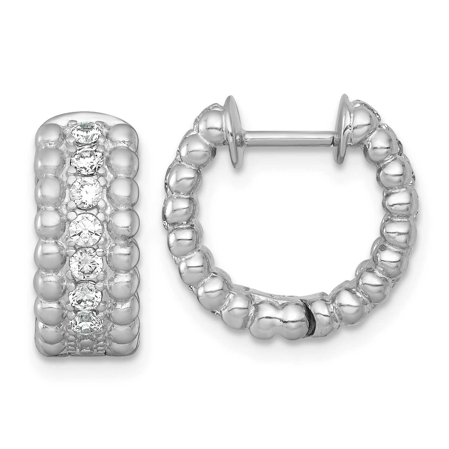 Beaded CZ Round Hoop Earrings Sterling Silver Rhodium-Plated Polished, MPN: QE18126, UPC: