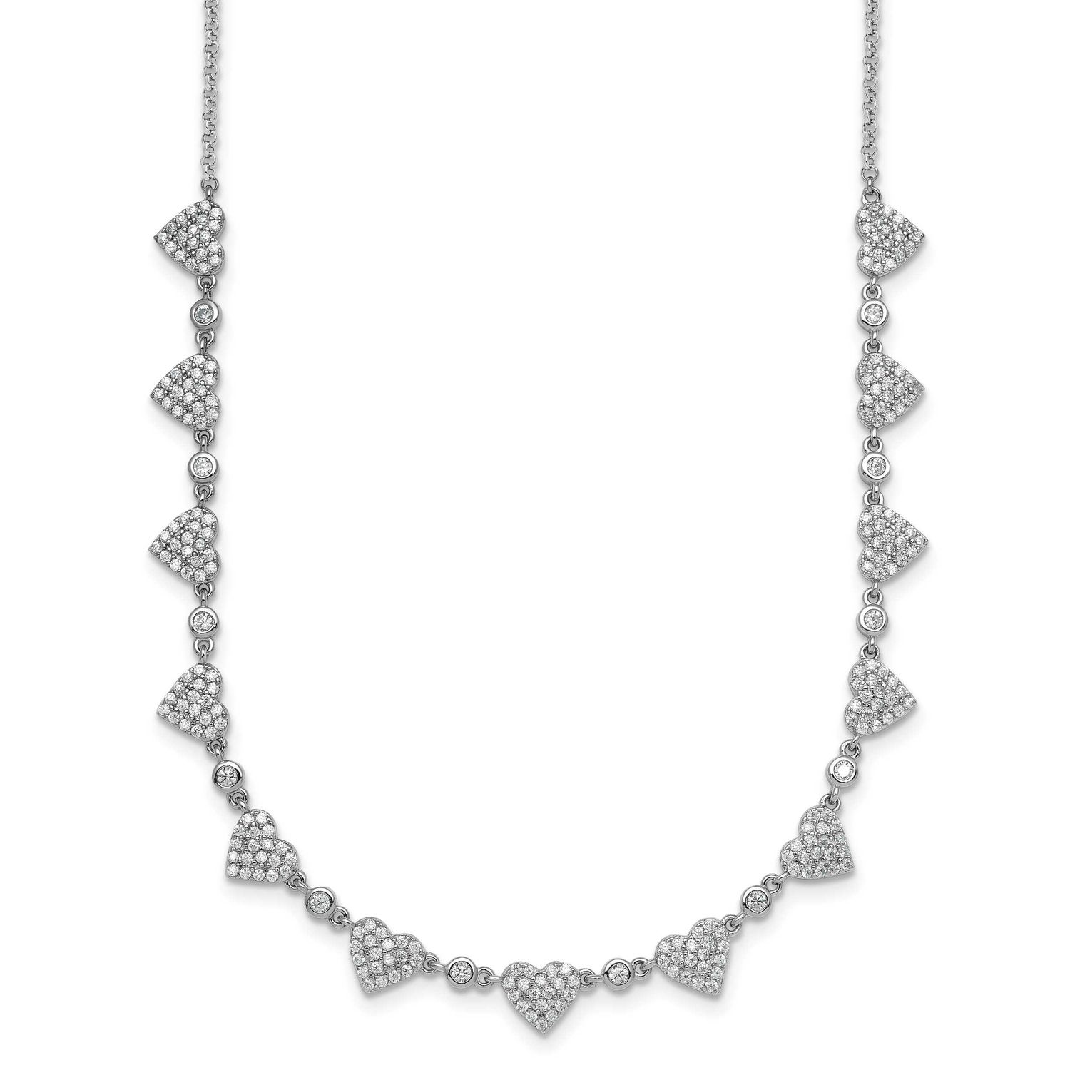 Pave CZ Small Hearts 16 Inch with 2 Inch Extension Necklace Sterling Silver Rhodium-Plated, MPN: QG…