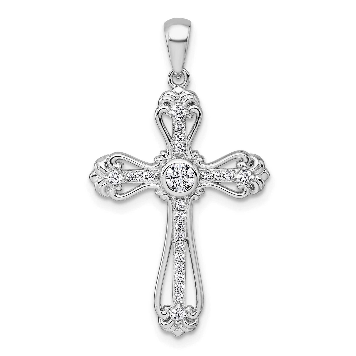 Polished Fancy CZ Cross Pendant Sterling Silver Rhodium-Plated, MPN: QC11411, UPC: