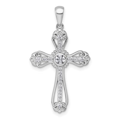 Polished Fancy CZ Cross Pendant Sterling Silver Rhodium-Plated, MPN: QC11411, UPC: