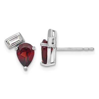 Pear and Rectangle Shape Garnet White Topaz Post Earrings Sterling Silver Rhodium-Plated, MPN: QE18…