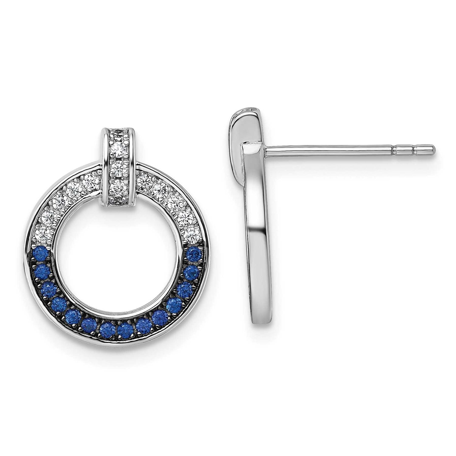 White and Black Rhodium-Plated White and Blue CZ Open Circle Post Earrings Sterling Silver, MPN: QG…