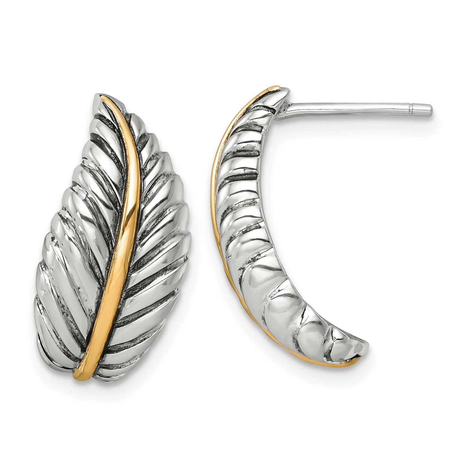14k Accent Polished Feather Post Earrings Sterling Silver Antiqued, MPN: QE17975, UPC: