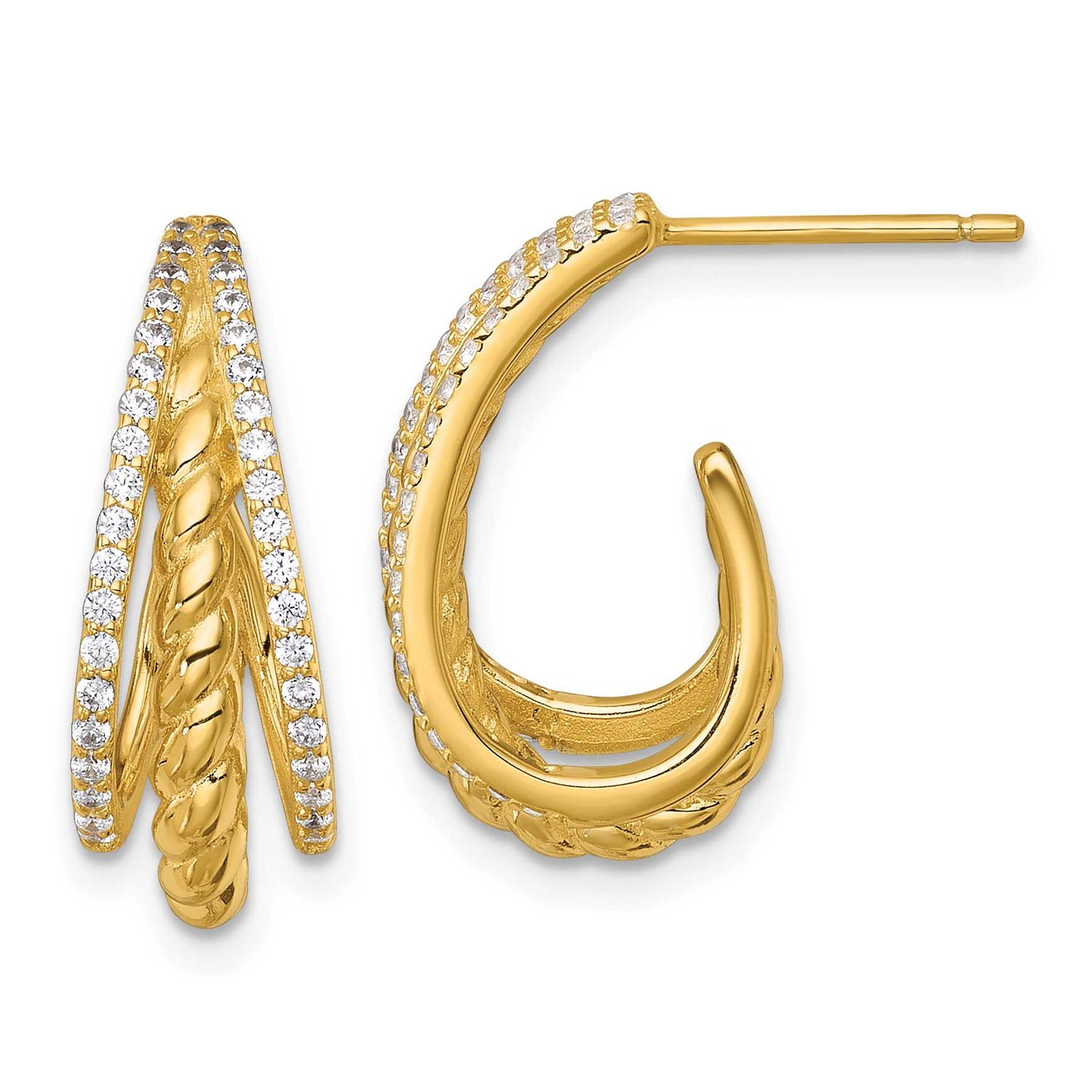 Twisted CZ Post J-Hoop Earrings Sterling Silver Gold-Tone Polished, MPN: QE18093GP, UPC: