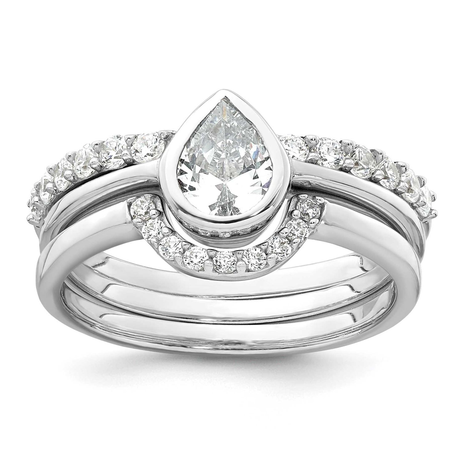 Polished Teardrop CZ 3 Ring Set Sterling Silver Rhodium-Plated, MPN: QR7738, UPC: