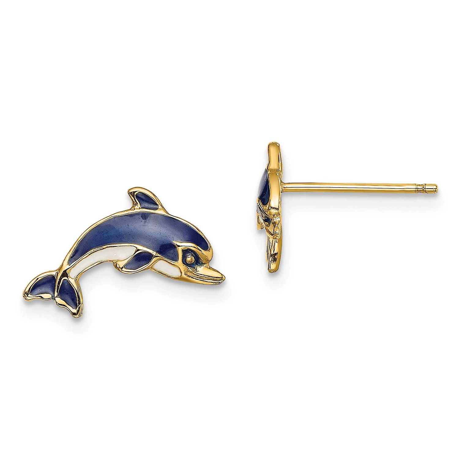 Blue and White Enamel Dolphin Post Earrings 14k Gold, MPN: TE689, UPC: 637218121618