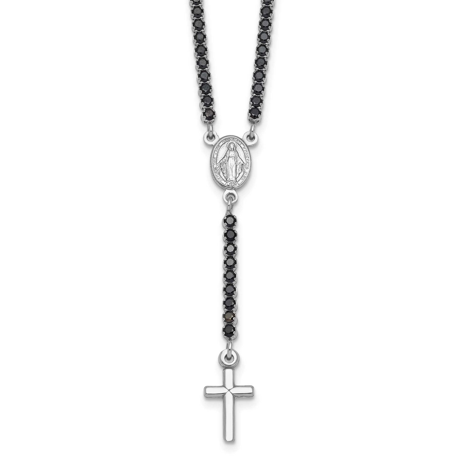 Polished Blk CZ 15.5 Inch with 2 Inch Extender Rosary Necklace Sterling Silver Rhodium-Plated, MPN:…