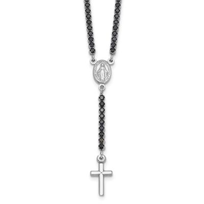 Polished Blk CZ 15.5 Inch with 2 Inch Extender Rosary Necklace Sterling Silver Rhodium-Plated, MPN:…