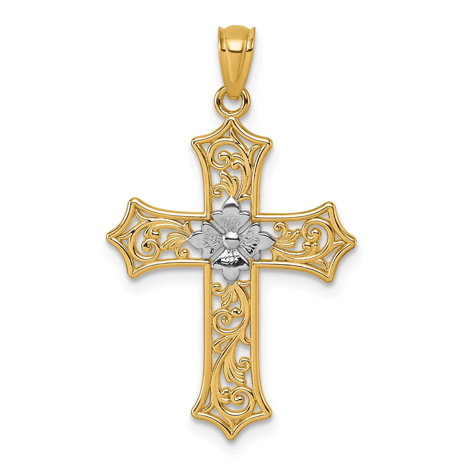 Polished Floral Cross Pendant 14k Gold &amp; Rhodium, MPN: K10090, UPC: