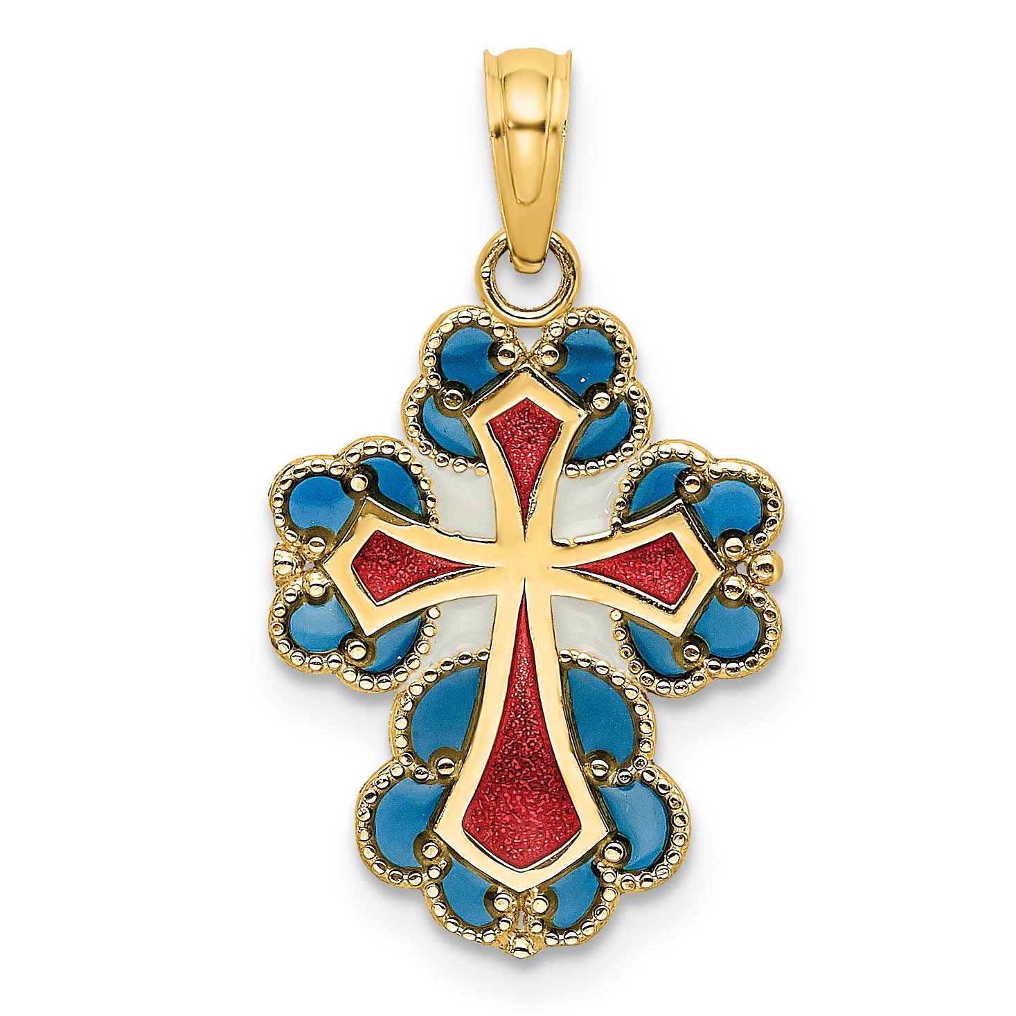 Blue White and Red Enameled with Lace Trim Cross Charm 14k Gold, MPN: K8628, UPC: 637218144167