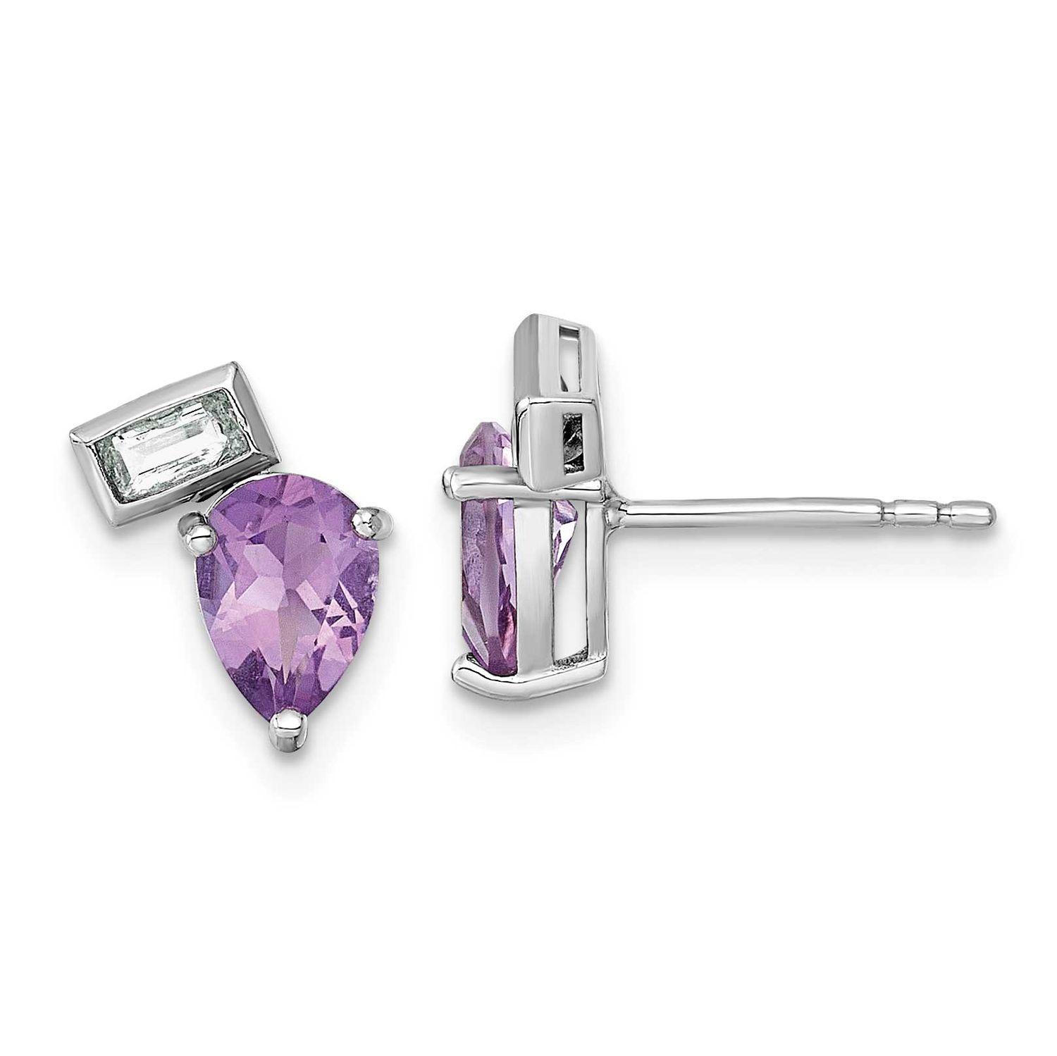 Pear Rectangle Shape Amethyst and White Topaz Post Earrings Sterling Silver Rhodium-Plated, MPN: QE…