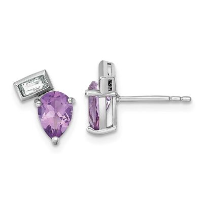 Pear Rectangle Shape Amethyst and White Topaz Post Earrings Sterling Silver Rhodium-Plated, MPN: QE…