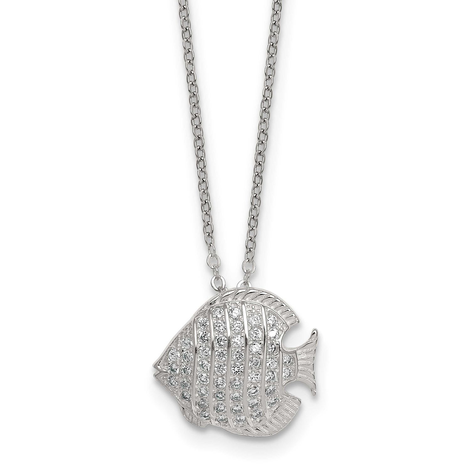 CZ Fish 16 Inch with 2 Inch Extension Necklace Sterling Silver Polished, MPN: QG7092-16, UPC: