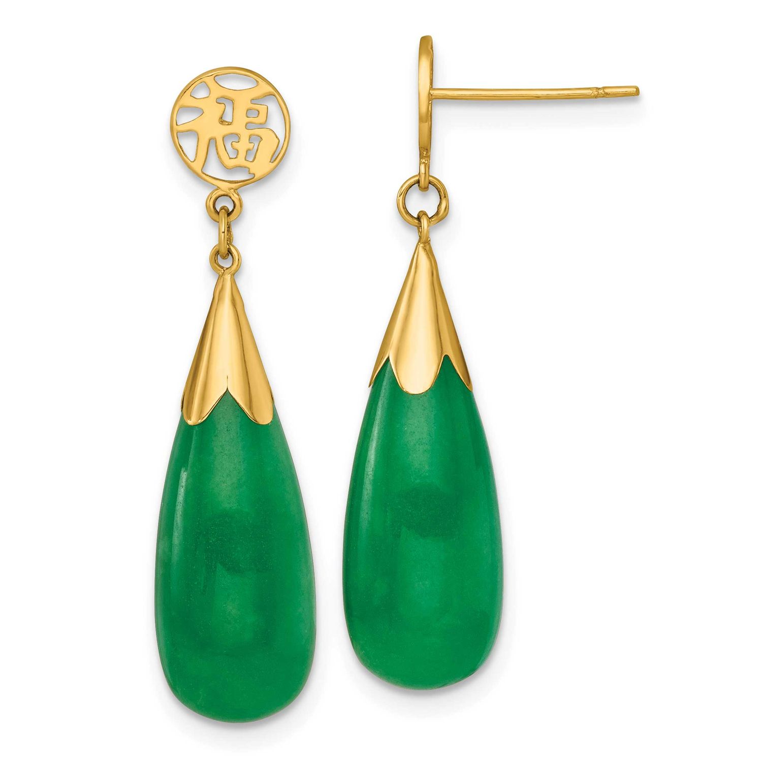 Good Luck Symbol Jade Teardrop Post Dangle Earrings 14k Gold Polished, MPN: YE2285, UPC: