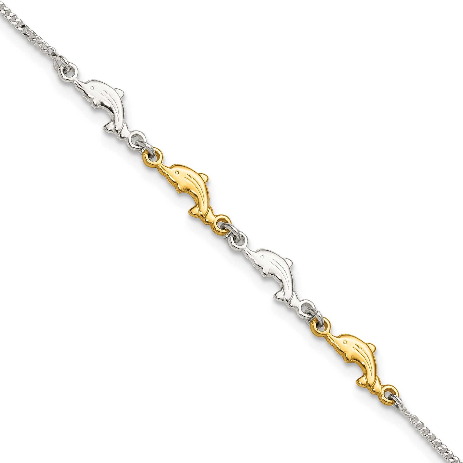 Dolphins 9 Inch Plus 1 Inch Extension Anklet Sterling Silver Gold-Tone Polished, MPN: QG6892-9, UPC: