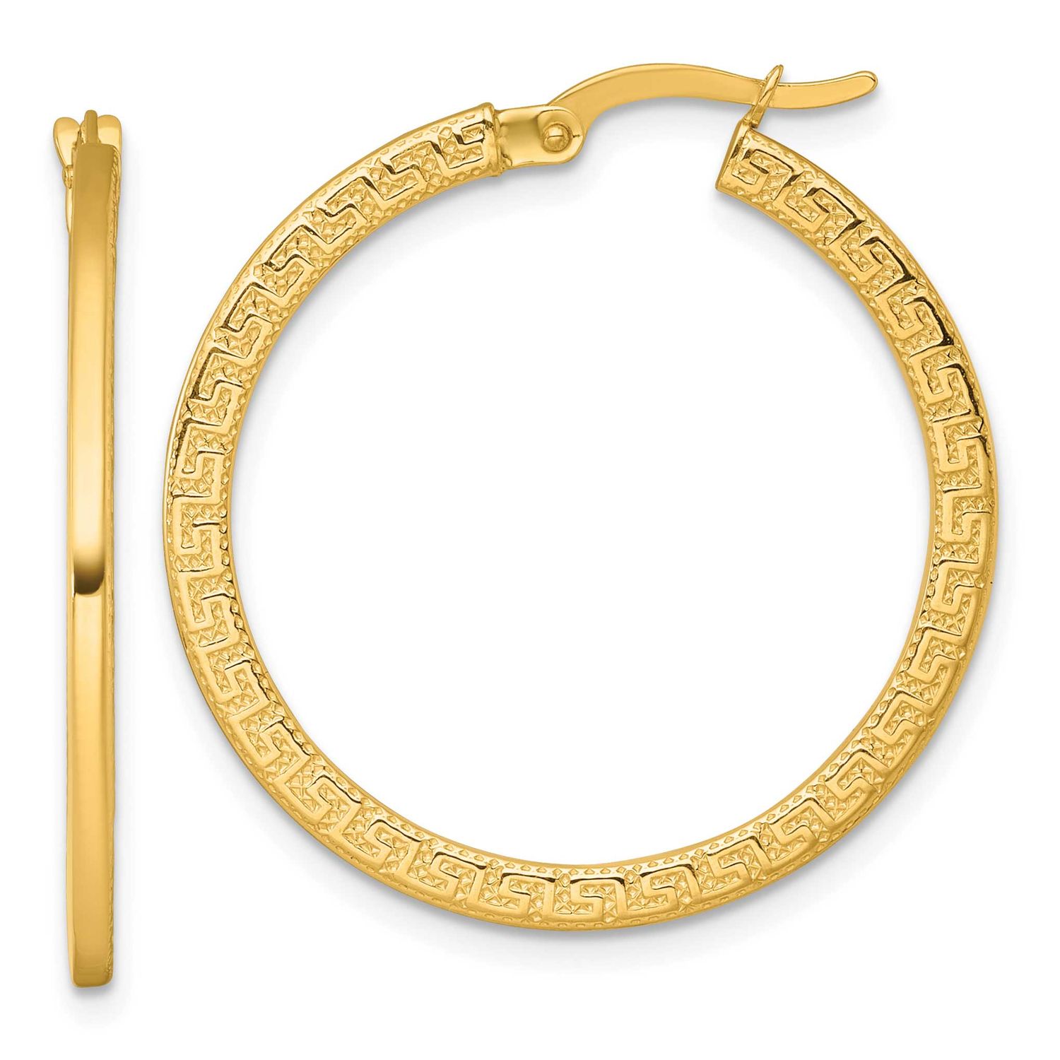 Textured Greek Key Hoop Earrings 14k Gold Polished, MPN: TF2397, UPC:
