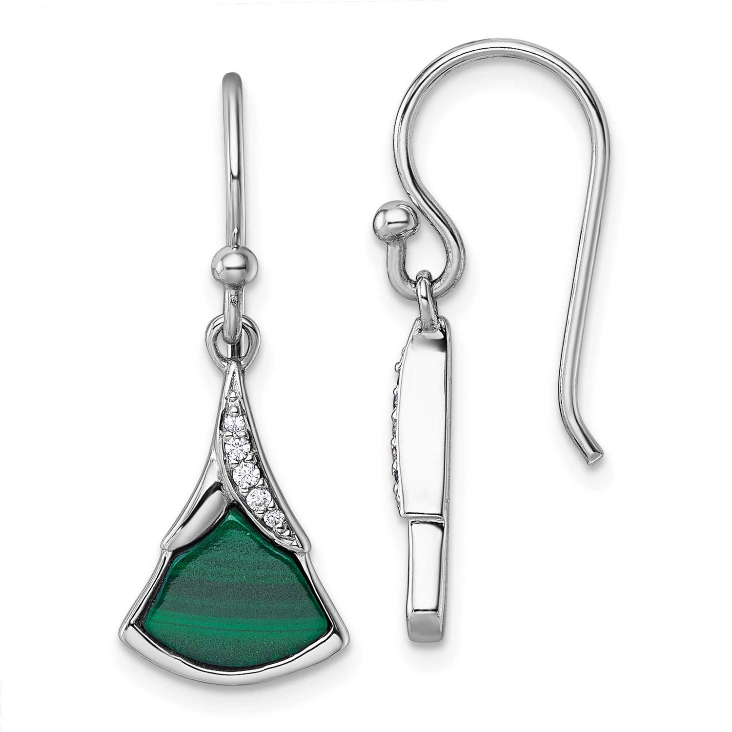 CZ and Malachite Dangle Earrings Sterling Silver Rhodium-Plated, MPN: QG7189E, UPC: