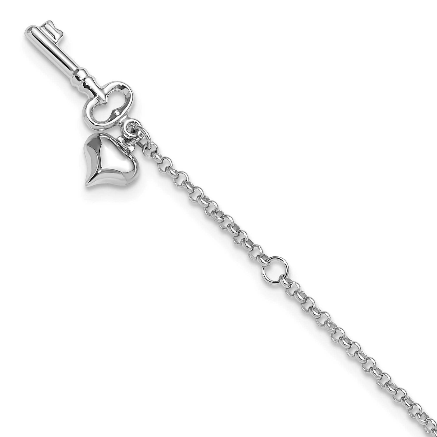 Adj Polished Puffed Heart Key 9 Inch Plus 1 Inch Extender Anklet 10k White Gold, MPN: 10ANK45-9, UP…