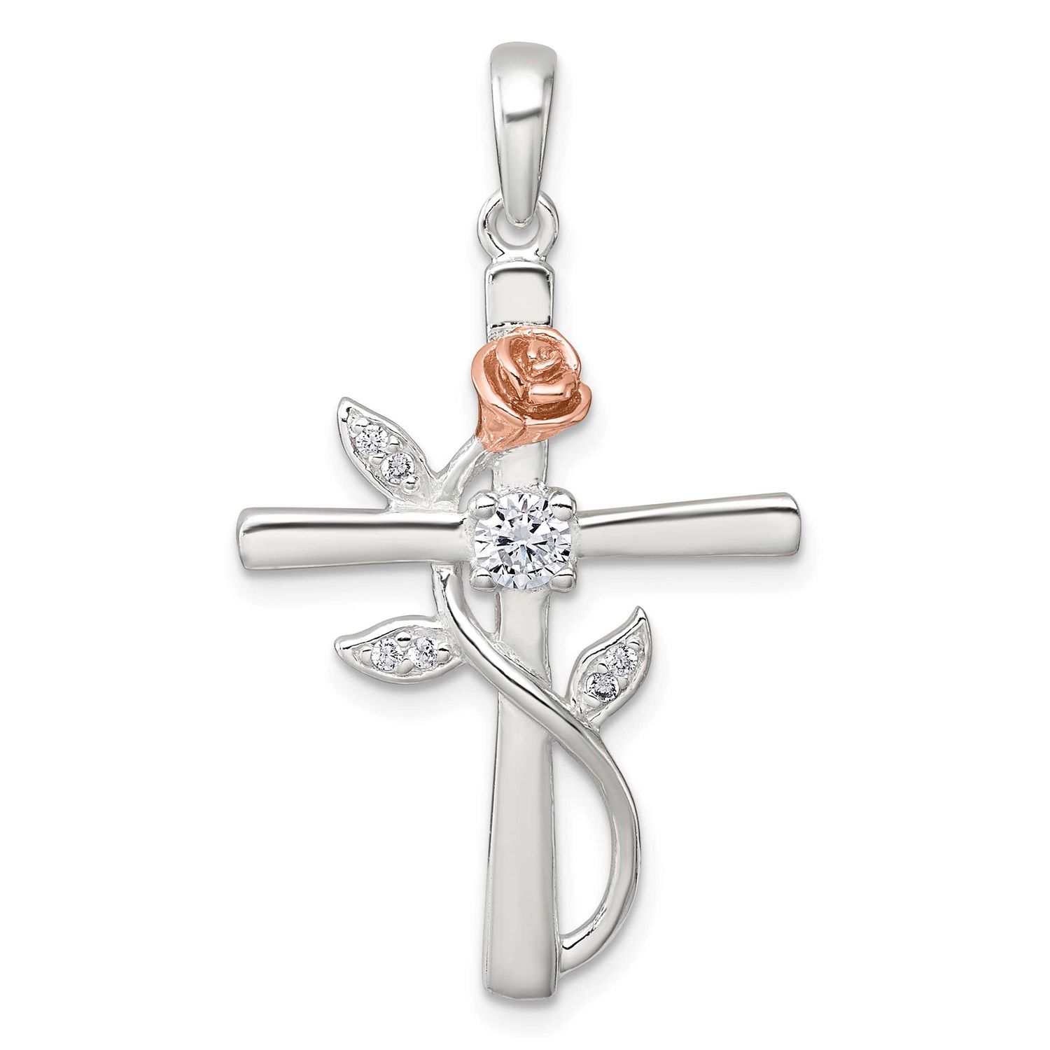 CZ Cross with Rose Pendant Sterling Silver Rose-Tone, MPN: QC11631, UPC: