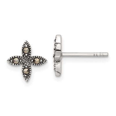 Marcasite Fancy Flower Post Earrings Sterling Silver Antiqued, MPN: QE18230, UPC: