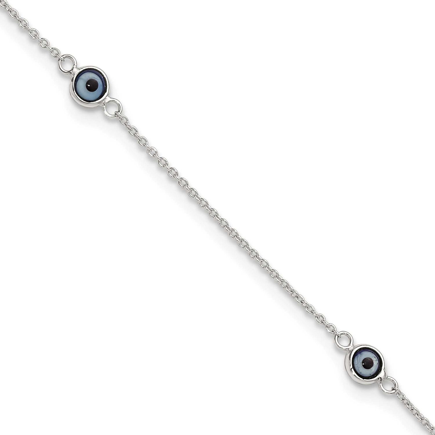 Glass Evil Eye 9 Inch with 1 Inch Extension Anklet Sterling Silver Polished, MPN: QG6889-9, UPC:
