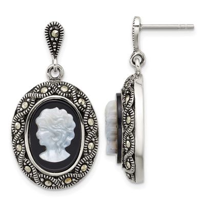Marcasite Black Agate and Mop Cameo Earrings Sterling Silver Antiqued, MPN: QG7180E, UPC: