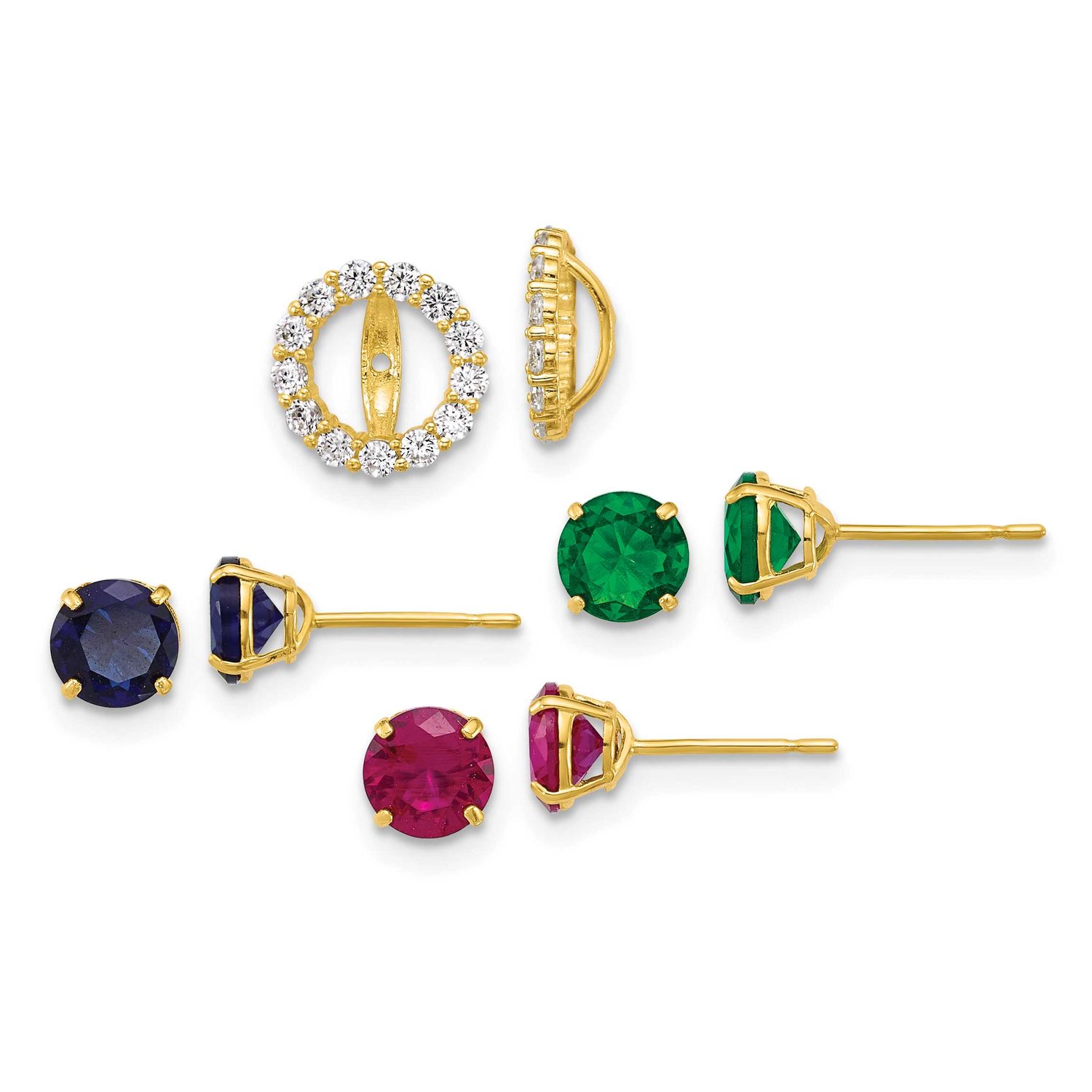 Red Blue Green CZ &amp; Glass Studs with Halo Jacket Set of 3 Post Earrings 10k Gold, MPN: 10ER392SET, …