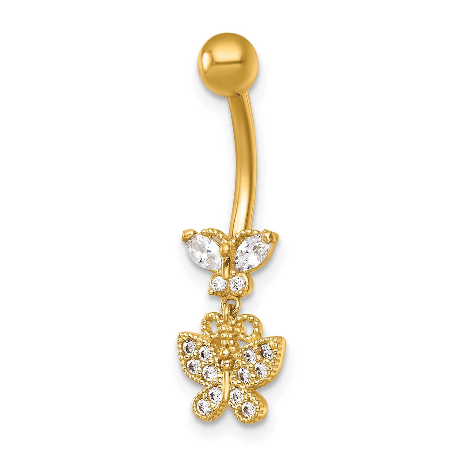 14 Gauge Polished and Beaded CZ Dangling Butterfly Navel Ring 14k Gold, MPN: BD334, UPC: