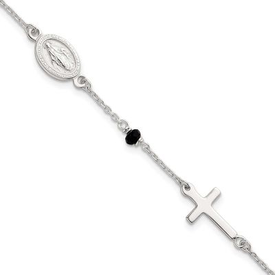Black Glass Beads Rosary Themed Bracelet Sterling Silver, MPN: QG7121-7.5, UPC: