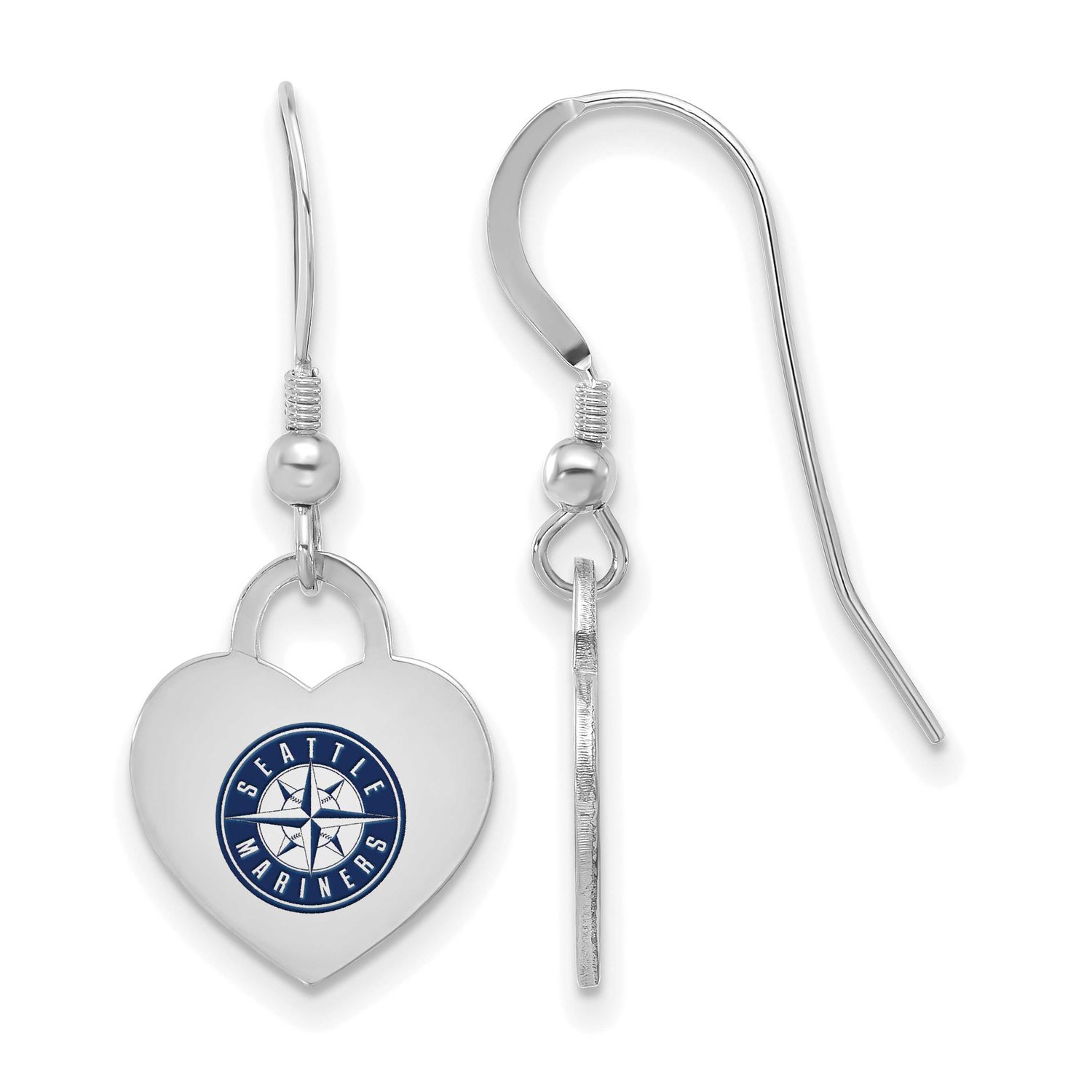 MLB Seattle Mariners Enamel Heart Dangle Earrings Sterling Silver Rhodium-plated, MPN: SS129MRN