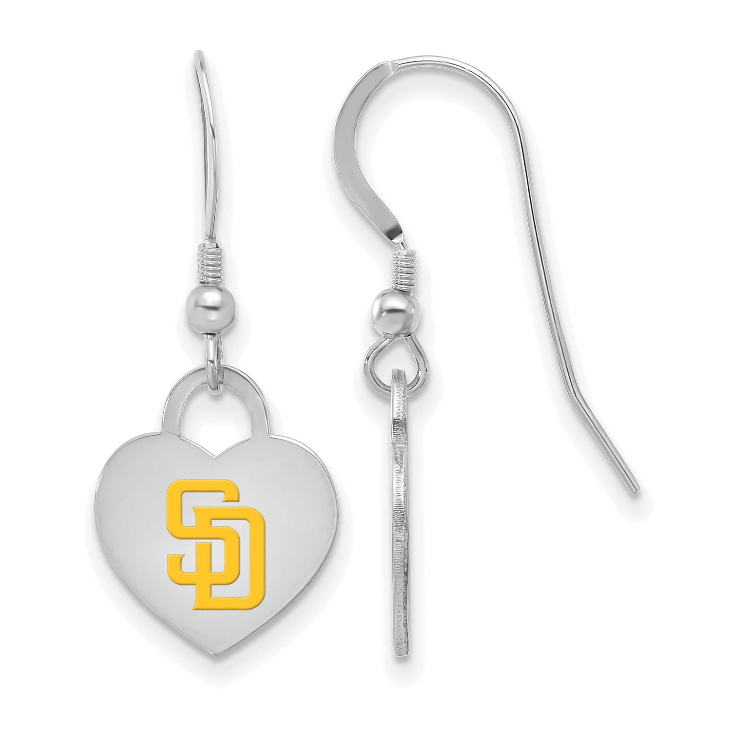 MLB San Diego Padres Enamel Heart Dangle Earrings Sterling Silver Rhodium-plated, MPN: SS129PAD