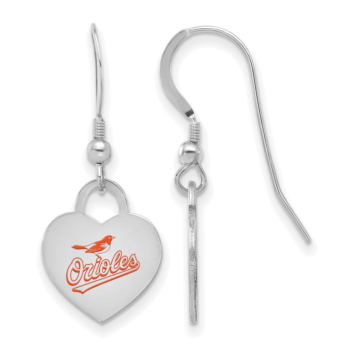 MLB Baltimore Orioles Enamel Heart Dangle Earrings Sterling Silver Rhodium-plated, MPN: SS129ORI